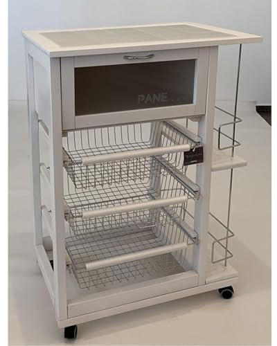 Marvin Carrello Cucina Salvaspazio In Legno Di Faggio Con Cassetto E Cesti Contenitori Portabottiglie Vino 4 Ruote Girevoli Portapane Portafrutta Portavivande Ripiano Lavoro Con Piastrelle (Bianco)