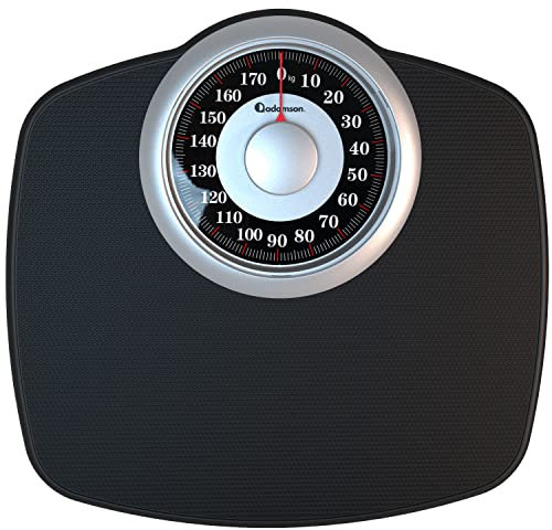 Adamson A25 Personenwaage – bis zu 180 kg – 5,3 Zoll Zifferblatt auf 31 x 30 cm großer Plattform – Rutschfeste Gummioberfläche – Hochpräzise analoge Personenwaage – Langlebig mit 20 Jahren Garantie