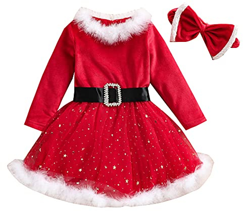 Siyova Robe de Noël pour fille, 2 pièces, robe de velours à manches longues, avec bandeau pour cheveux, robe de Noël, élégante d'hiver pour fille