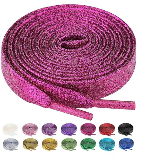 Olukssck 2 Pares Cordones Planos de Lentejuelas Metálicas para Zapatillas, Cordones Purpurina Premium Repuesto para Zapatos para Calzado Deporte y Botas, Fucsia, 120cm