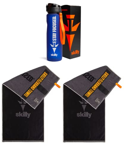 skilly Fitness Set I 2x Fitness Handtuch und 1x Trinkflasche I Funktionshandtuch für Fitnessstudio I Sportflasche mit Klick Verschluss | Flasche BPA frei