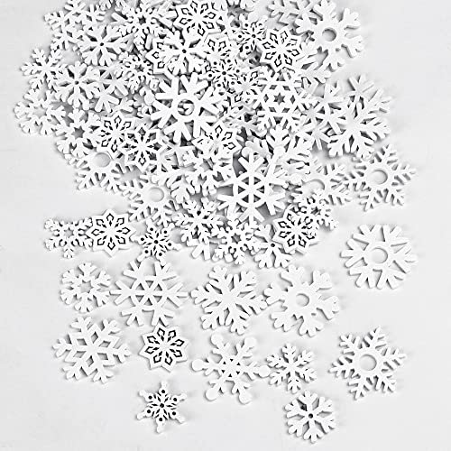 KBNIAN 100 PCS Copos de Nieve en Madera para Navidad Adornos de Copos de Nieve de Madera Blancos Copo de Nieve Colgante Madera Mini Copos de Nieve para Decoraciones Navideñas Manualidades -25mm, 35mm