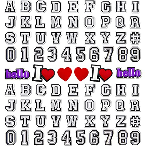 TSHAOUN 80 Stück Schuh-Charm, 74 Stück Nummern Buchstaben und 6 Stück Herzförmiges Hello Schuh-Anstecker-Dekoration, Clog-Dekor, Armband-Charms, Schuh-Charm für Erwachsene