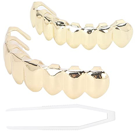 Gold Grills für Ihre Zähne, Vergoldete Hip Hop Zähne Grillz Punk Custom Fit Zähne Grillz, Gefälschte Zähne Mund Oben und Unten Gold Vampirzähne für Halloween Party, Rapper Kostüm