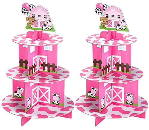 Pinkunn Juego de 2 suministros de fiesta de cumpleaños de granja de 3 niveles con estampado de vaca, soporte redondo de cartón para cupcakes, soporte para tartas de vaca, decoración de fiesta de