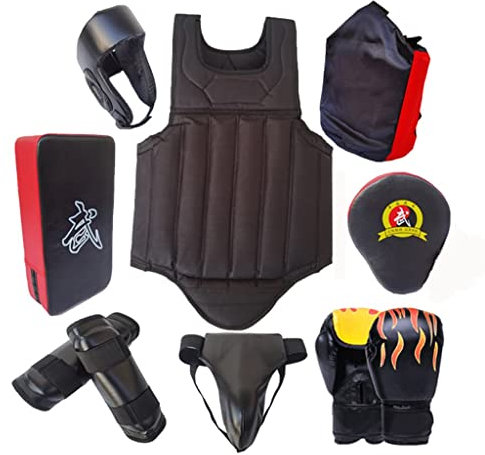 Kopf, KöRper Und Fuß Schutz GeräT Set Martial Arts Protector Ausrüstungen, Sparring Gear Set,Kickboxing 8pcs Set Mit Boxing Kick Pads Punching Mitts Curved, Für Männer (Color : Black, Size : S)