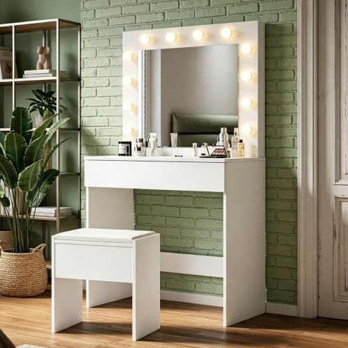 SUNXURY Schminktisch mit Stuhl und Schubladen B80xT40xH140cm Weiß | mit Umlaufendes Hollywood-Glühbirnen, 3 einstellbare Lichtfarben, Aufbewahrungs- und Schminktisch für das Damen-Schlafzimmer