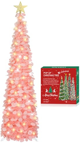 HMASYO - Árbol rosa de Navidad artificial plegable de 1,5 m, con 50 luces LED blanco cálido, nieve y lentejuelas redondas, decoración de Navidad para el hogar, apartamento, chimenea y para fiesta