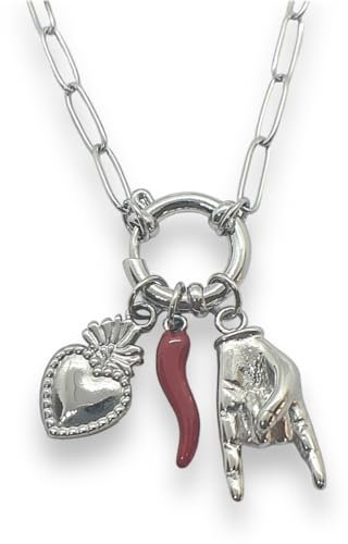 SiLo Bijoux Collana catena sacro cuore corno mano corna donna uomo in acciaio inox 316L anallergico alta qualità portafortuna - Disponibile color oro e argento - Confezione regalo (SILVER)