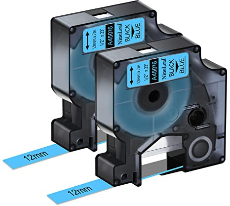 NineLeaf 2 Packung Ersatz für Dymo D1 45016 S0720560 A45016 12mm x 7m 0.47'' Bänder Schwarz auf Blau Schriftband für LabelManager 160 210D 220P 120P LabelPoint 100 150 200 250 Beschriftungsgerät