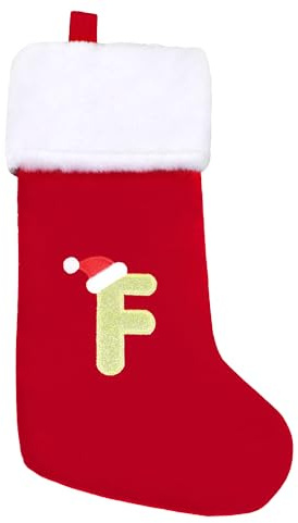 VEYLIN Weihnachtsstrümpfe mit Buchstaben, Plüsch-Weihnachtsstrümpfe, 50,8 cm, groß, bestickt, Weihnachtsstrümpfe für Kinder/Erwachsene, roter Buchstabe (F)