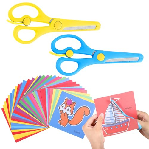 2 Kids Safety Scissors with 93 Animal Paper-Cuts, Right/Left Handed | Stainless Steel Covered Blades for Childrens Early Learning and Creative Play Preschool Training Creative Play Art Supplies