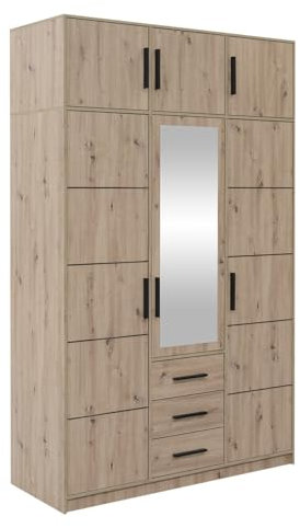 Mirjan24 Drehtürenschrank Kerkon 3D, Kleiderschrank mit 3 Schubladen, Kleiderstangen und Spiegel, Elegantes Schlafzimmer Schrank, Jugendzimmer (Artisan Eiche, mit Schrankaufsatz)