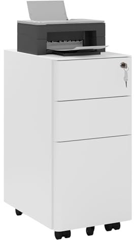 WOLTU Rollcontainer, Aktenschrank abschließbar, Büroschrank Rollschrank, Schrank mit 3 Schubladen 5 Rollen Hängeregistratur, Bürocontainer für A4 Legal Letter, 30x60x45 cm, Weiß, ASK10ws
