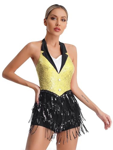 iiniim Damen Latein Tanzkleid Glitzer Ballettkleid Pailletten Fransen Jumpsuit Overall Jazz Tanzkleidung Ballsaal Show Performance Tanzkostüm Gelb S