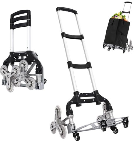 Treppensteiger, Faltbarer Trolley Sackkarre bis 70kg, Ausziehbarer Griff 67-106cm,Treppenkarre mit 6 Gummiräder unb Vier 360° drehbare Räder, Handkarre aus Aluminium