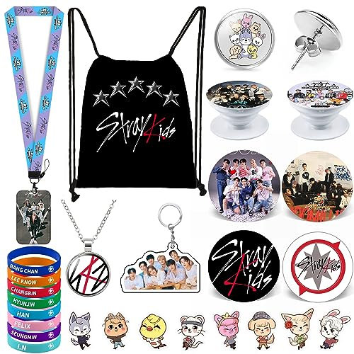 Stray Kids - Juego de regalo para niños, incluye mochila con cordón, collar, aretes, pulseras, pines de botón, soporte para identificación y llavero