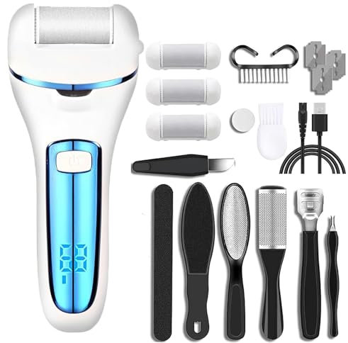 Hornhautentferner Elektrisch Stark, Professioneller Hornhautentferner mit 3 Ersatzrollen Hornhaut Entfernen Elektrischer, Hornhautentferner Fußpflegegerät Pediküre Set für Füße (Blau)