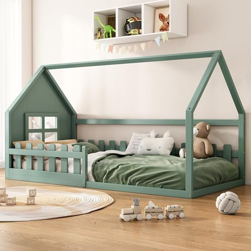Kayan Kinderbett Hausbett 90x200cm Rausfallschutz Bett, Holzbett mit Fenstern und Zäunen, Rausfallschutz und Lattenrost, Bett für Kinder (Grün)