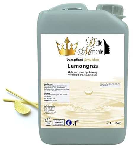 Dufte Momente | Dampfbad Emulsion 3 Liter Lemongras | geprüfte Qualität | mit naturreinen und natürlichen ätherischen Ölen | gebrauchsfertig | vegan und ohne Tierversuche