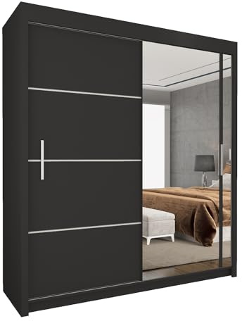 UK SLIDING 2&3 Doors Sliding Door Wardrobe – Sleek Matt Finish with Full Length Mirror, Hanging Rail & Shelves | Strong MDF Bedroom Wardrobe for Bedroom Furniture (Black, 180cm)