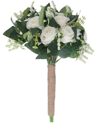 DADEA Bouquet da Sposa con Fiori Finti Artificiali, Bouquet da Sposa Romantico, Bouquet da Sposa per Damigelle D'onore, Bouquet da Sposa, Bouquet da Sposa Multiuso per la Festa di Anniversario(Bianco)