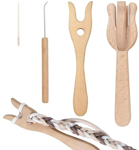 Krujecnt Strickwerkzeuge Aus, 4 Stück Geflochtene Werkzeuge Für Stricken Handwerke, Gabel Typ Hölzerne Strickgabel Werkzeuge Und Big Eye Needle Set Für Armbänder Halsketten