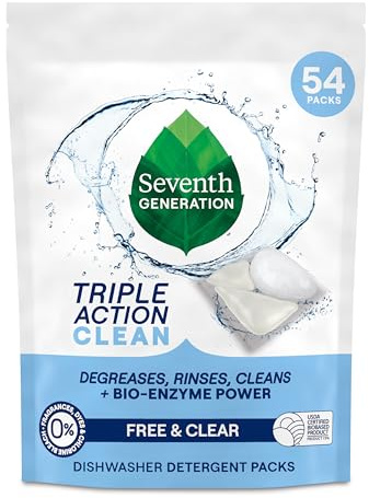 Seventh Generation Triple Action Clean Automatisches Geschirrspülmittel-Set mit Bio-Enzym-Kraft, frei und klar, bekämpft 48 Stunden festsitzende Lebensmittel, 54 Stück
