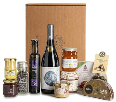 Cesta Gourmet Regalo OLIVA Veggie - Aceite de oliva virgen extra, Vino tinto, Paté de aceitunas, Pimientos del Piquillo, Hummus de berenjena, Mostaza, Sal negra, Mermelada de melón, Pan de higo...