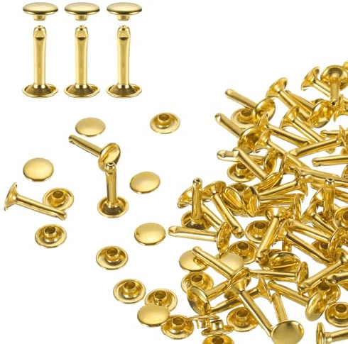 QUARKZMAN 60er Set Leder Nieten 9x16mm Runde Doppelkappe Tubular Metall Hohlnieten Spitznieten Zubehör Schraubnieten Rücknieten für Lochzange Gürtel Dekoration Kleidung Handwerk (Gold)