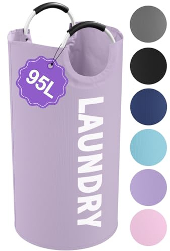 IHOMAGIC 95L Folding Laundry Basket, Large Laundry Hamper with Handles, Portable Dirty Clothes Hamper, Independent Storgae Basket for Bathroom, Living Room, Dorm, Purple