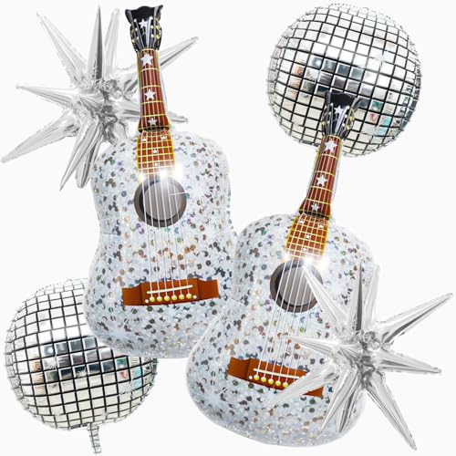 Guitar Balloon Silver Exploding Star Balloon 4D Disco Balloons for birthday wedding Valentine's Day Music fan party decorations 6pcs