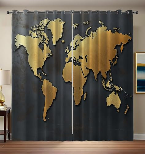 Vorhänge Schwarz Blickdicht mit Ösen 200 cm Lang, Weltkarte Weicher Verdunklungsvorhänge, Goldener Umriss H 200 x B 70 cm 2er Set Abdunkelnde Vorhänge Wohnzimmer Blickdichte Ösenvorhang