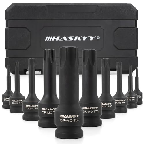HASKYY Ensemble de douilles pour écrou de visseuse à choc 1/2 pouce T20-T80 - Jeu de bits pour clé à douille Torx - 10 pièces - Ensemble d’écrous Torx - Outil pour entretien de voiture, moteur, freins