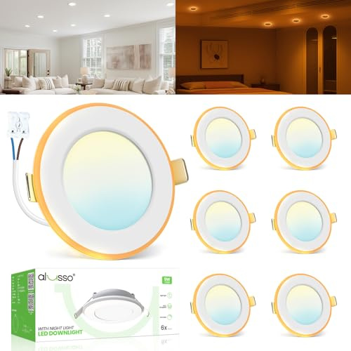 ALUSSO® LED Einbaustrahler 230V Dimmbar mit Nachtlichtfunktion，Ultra Flach Deckenspots 5W 430LM 3CCT Warmweiß Neutralweiß Kaltweiß, 70mm Einbauspots für Treppen Schlafzimmer Küche Wohnzimmer, 6er Set