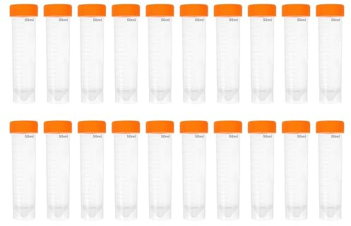 HAXIHA 20Stück 50ML Orange Probenröhrchen,Kunststoff Zentrifugenröhrchen,Mit Schraubverschluss und Abgestuften Probenbehälter,Reagenzglasprobe Kryoröhrchen für Labor Experimente,Konische+Flachboden