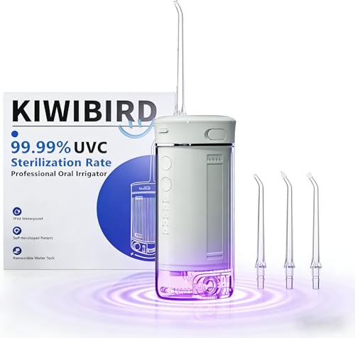 KIWIBIRD Mini Water Flosser for Braces & Travel, UVC Light Oral Irrigator with IPX8 Waterproof, 4 Modes, 3 Jet Tips, 230mL Tank - Portable Dental Care for Home & On-The-Go (Grey)