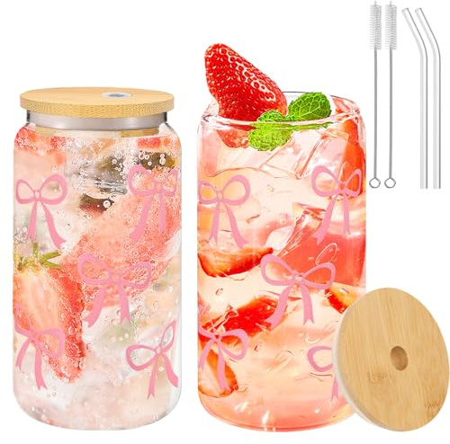 Forbabe 2Pcs Glas Trinkbecher mit Deckel und Strohhalm 500ml Bow Cup | Eleganter für Kaffee Soda Cocktails und Mehr Rosa Schleife Glasbecher