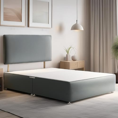 ComfoRest Double Divan Bed Base with Headboard - 4FT6 - (Grey Plush) - Simple Frame for Daily Use - Space-Conscious Option for Modern Bedrooms - No Mattress, No Drawers