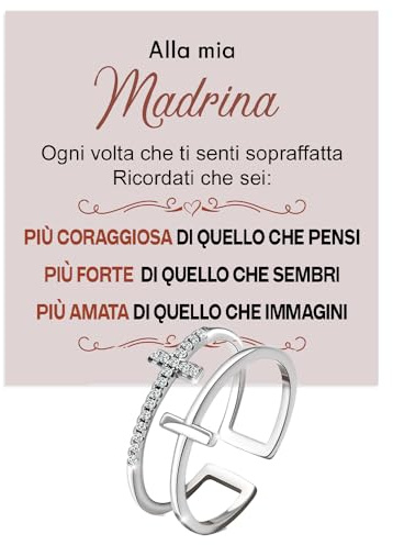 Anello Madrina per madrine Donne Ragazze in Argento Sterling 925 Ispirazionale e di Incoraggiamento, Croce, Regolabile - Cofanetto con DEDICA incluso