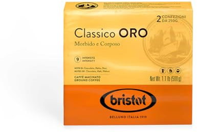 Bristot, Caffè Macinato Classico Oro - Totale 500g - Caffè in Polvere per Moka, Miscela dal CentrAfrica e India Lieve Acidità e Elevata Intensità - Set da 2 Confezioni da 250g