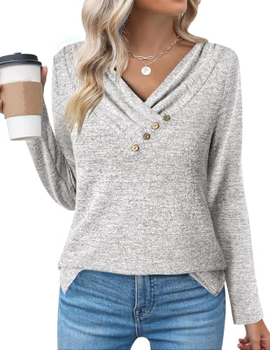 Zeagoo Chemisier Femme Manche Longue Tee Shirt col en V Tunique Pull Chic Et Elegant Haut Décontracté Tshirt