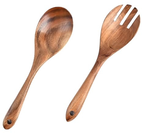 2 Pcs Salad Spoons and Fork Set, Durable Wood Mixing Dinner Fork and Spoon, Long Handle Salad Servers Set for Serving