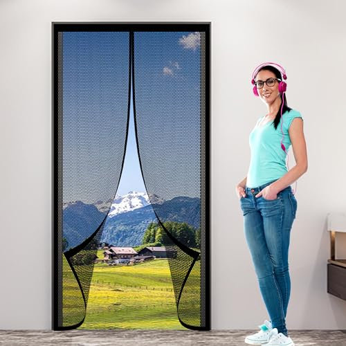 Fliegengitter Balkontür Ohne Bohren 92 x 198 cm Insektenschutzvorhang mit Magneten Klebemontage Ohne Bohren für Balkontür, Kellertür Und Terrassentür, Schwarz