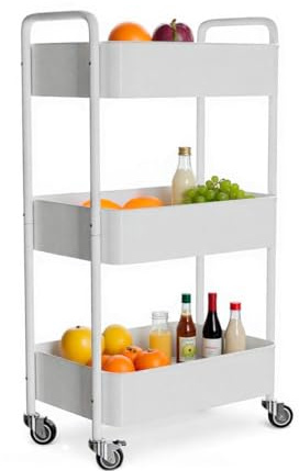 Amig - Carrello da cucina a 3 livelli con ruote Mod. LINN - Scaffale ausiliario in acciaio - Bianco - Carrello multiuso per cucina, bagno o ufficio - 40,5 x 28 x 76 cm