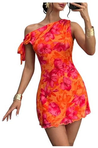 GORGLITTER Women's Asymmetrical Hem Bodycon Mini Dress Tie One Shoulder Floral Sleeveless Wedding Guest Pencil Short Dresses Orange Medium