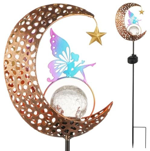 Luce solare da giardino, luna fata ha condotto la lampada per esterni, globo di vetro cracklè su palo di metallo, luce bianca impermeabile per cortile, sentiero e giardino