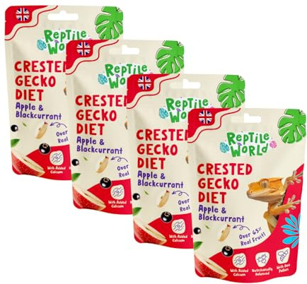 Reptile World Crested Gecko Diet - Apple & Blackcurrant 60g x 4 | Complete Food for Geckos, All Natural, 65% Real Fruit, Made in the UK