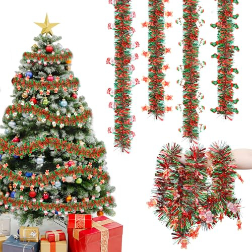 Joxessaien Weihnachtsgirlande 4 Stück × 2 m – Rot-Grün Lametta Deko mit Schneemann Nikolaus Strumpf & Lebkuchen – 8 m Christbaum Girlande für Innen & Außen
