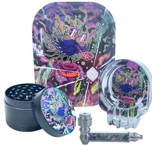 Rolling Tray Gift Set Includes Glass Ashtray Metal Pipe & 50mm Herb Crusher - Premium Smoking Accesseries Kit For Home or Travel - Gift for smoker (Design-6)
